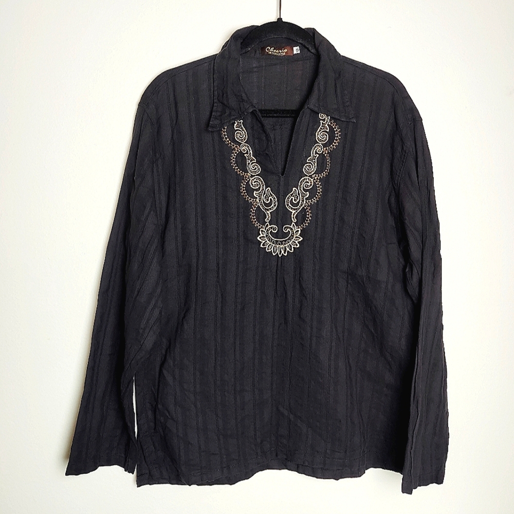 Cheerio Men's Traditional Embroidered Shirt Tunic, Black, Size XL
